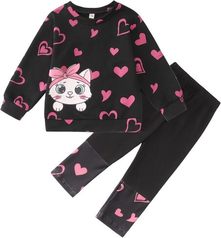 طفل الفتيات عيد الحب الزي الحب القلب لطيف القط Crewneck البلوز القط عاشق قميص أعلى السراويل الاطفال 2 قطعة مجموعة in Saudi Arabia