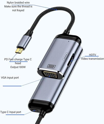 محول VGA لواجهة الوسائط المتعددة من USB C إلى HD، محور متعدد المنافذ مع واجهة وسائط متعددة عالية الدقة 4K عند 60 هرتز وVGA 1080 بكسل، للهاتف المحمول والكمبيوتر اللوحي in Saudi Arabia
