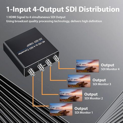 ACHAVE HDMI إلى محول SDI، 4xSDI Out Splitter 1x4، دعم متعدد التنسيقات 1 مدخل HDMI و4 مخارج SDI HD-SDI 3G-SDI HDMI2.0 4K60 هرتز 1080P دعم للكاميرا المنزلية والمسرح لمسافات طويلة in Kuwait