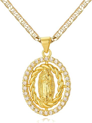 DouuYuhet 18K Gold Plated Flat Mariner/Marina, 3MM Chain Necklace With Virgin Mary Guadalupe Charm Pendant Christian Jewelry in Saudi Arabia