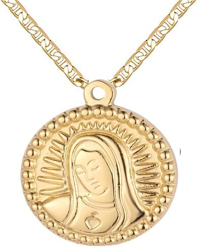 DouuYuhet 18K Gold Plated Flat Mariner/Marina, 3MM Chain Necklace With Virgin Mary Guadalupe Charm Pendant Christian Jewelry in Saudi Arabia