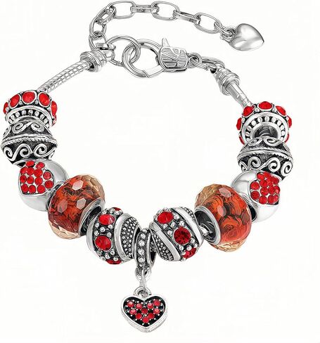 Pink Hearts Silver Plated Charm Bracelet, DIY Jewelry for Women with Beads, Charms, and Adjustable Snake Chain, Fits 7.5"+1.5" in Saudi Arabia