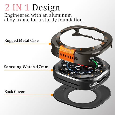 حافظة Amizee المعدنية متوافقة مع ساعة Samsung Galaxy Watch Ultra/Ultra 2(2025) 47 ملم مع غطاء خلفي، غطاء ممتص للصدمات واقٍ متين لساعة Galaxy Watch 7/8 Ultra، جرافيت/برتقالي in Kuwait