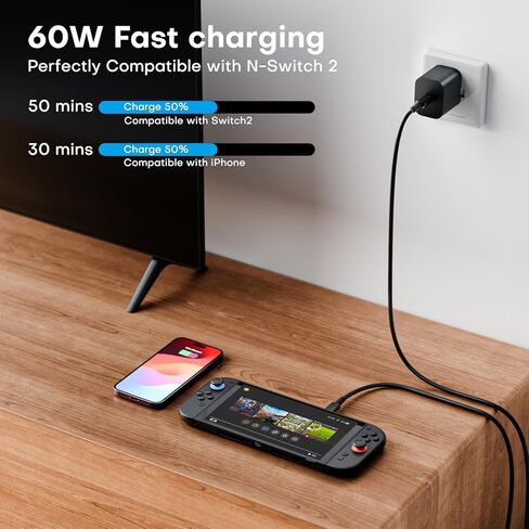 شاحن 60 وات للتبديل 2 مع كابل شحن طويل 3FT، يدعم وضع قاعدة التلفزيون 4K، مزود طاقة 20 فولت/3 أمبير سلك USB C سريع in Saudi Arabia