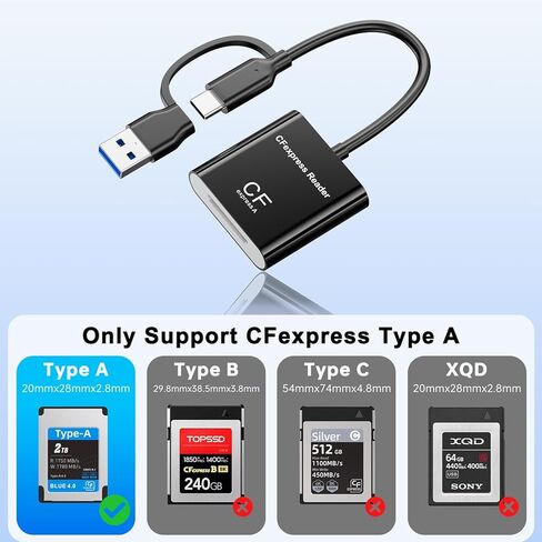 قارئ بطاقات CFExpress من النوع A مع USB 3.2 (الجيل 2) بسرعة 10 جيجابت في الثانية، ومحول USB-C وUSB-A 2 في 1 من النوع A CFexpress، وقارئ بطاقات CF Express من النوع A متوافق مع أنظمة التشغيل Windows/Mac/Linux/Android (ليس لبطاقة XQD) in Kuwait