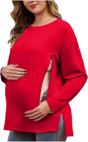 Womens Nursing Breastfeeding Shirts with Zipper, Loose Fit Long Sleeve Maternity Sweater Round Neck Tunic Mama Clothes in Kuwait