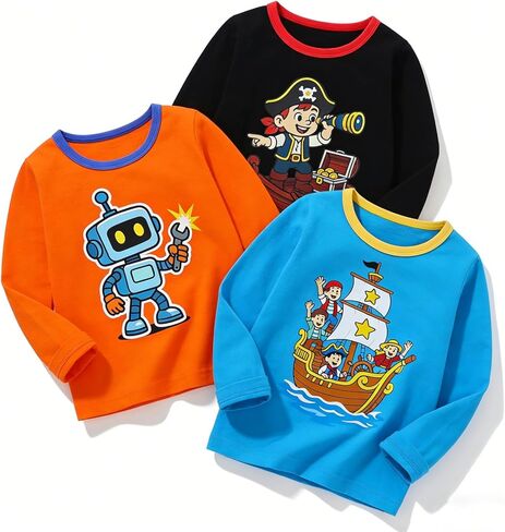 HILEELANG Toddler Boys Long Sleeve Shirts Graphic Cotton Casual Crewneck Tops, Fall Winter Layering Tees 3 Pack,2–7 Years in Saudi Arabia