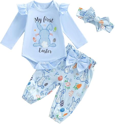 Honganda My First Easter Baby Girl Outfit Ruffle Sleeve Bunny Romper Onesie with Bow Pants Headband 3Pcs Easter Clothes Set in Saudi Arabia