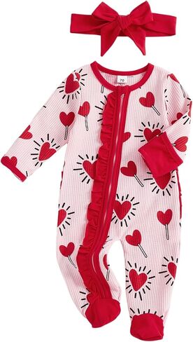 Newborn Baby Girl Valentines Outfit First Valentines Romper Heart Print Onesie Footie Jumpsuit Fall Clothes in Saudi Arabia