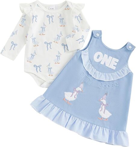 First Birthday Outfit Girl 1 Year Old Clothes Baby Girl One Silly Goose Romper Overalls Skirts Dress Clothes in Saudi Arabia