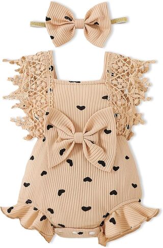 ملابس طفلة حديثي الولادة، زي بناتي بأكمام مكشكشة، عصابة رأس لعمر 0-18 شهرًا، قطعتان للصيف in Kuwait