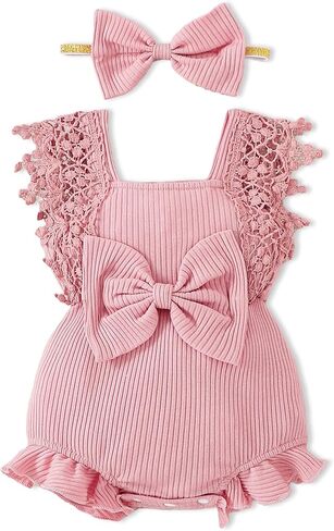 Baby Girl Clothes Newborn Girl Outfit Ruffle Sleeve Romper Bodysuit Headband 0-18 Month 2PCS Summer in Saudi Arabia