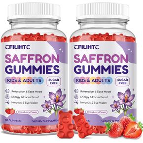 علكات الزعفران للأطفال والكبار، مكملات الزعفران 20 في 1 مع 88.5 ملجم من مستخلص الزعفران، ب6، ب12، ج، د3، مغنيسيوم للهدوء، التركيز، الأعصاب، خالي من السكر، نباتي، غير معدل وراثيًا - نكهة الفراولة، 60 قطعة in Kuwait