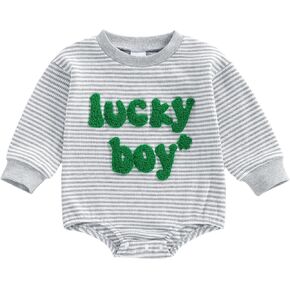 Newborn Baby Boy St Patricks Day Outfit Lucky Boy Embroidery Striped Long Sleeve Bubble Romper Waffle Knit Bodysuit in Kuwait