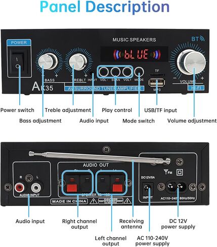 Home Audio Amplifier Receiver Bluetooth 5.0, Dual Channel Sound Speaker AMP, Mini Amplifier FM Radio/USB/TF Card Input with Remote Control for Home Theater Audio Stereo System Bass & Treble Control in Saudi Arabia