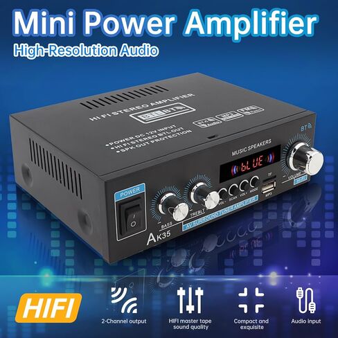 Home Audio Amplifier Receiver Bluetooth 5.0, Dual Channel Sound Speaker AMP, Mini Amplifier FM Radio/USB/TF Card Input with Remote Control for Home Theater Audio Stereo System Bass & Treble Control in Saudi Arabia