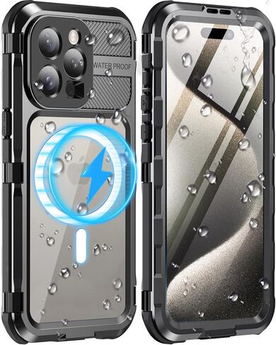 حافظة WIFORT لهاتف iPhone 15 Pro Max مقاومة للماء - حافظة هاتف معدنية مقاومة للصدمات وواقي شاشة مدمج [IP68 مقاوم للماء] [درجة عسكرية 14FT]، غطاء حماية من السقوط لكامل الجسم شديد التحمل، 6.7 بوصة أسود in Kuwait