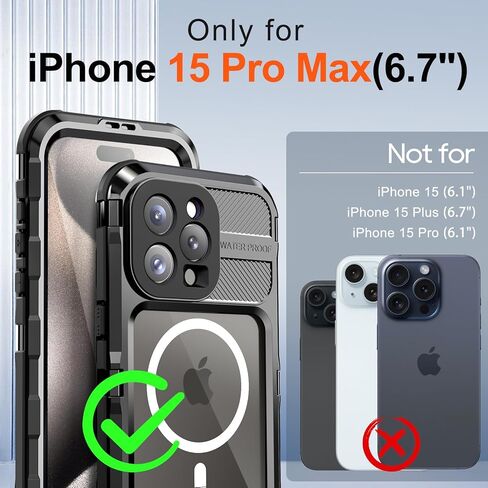 حافظة WIFORT لهاتف iPhone 15 Pro Max مقاومة للماء - حافظة هاتف معدنية مقاومة للصدمات وواقي شاشة مدمج [IP68 مقاوم للماء] [درجة عسكرية 14FT]، غطاء حماية من السقوط لكامل الجسم شديد التحمل، 6.7 بوصة أسود in Kuwait
