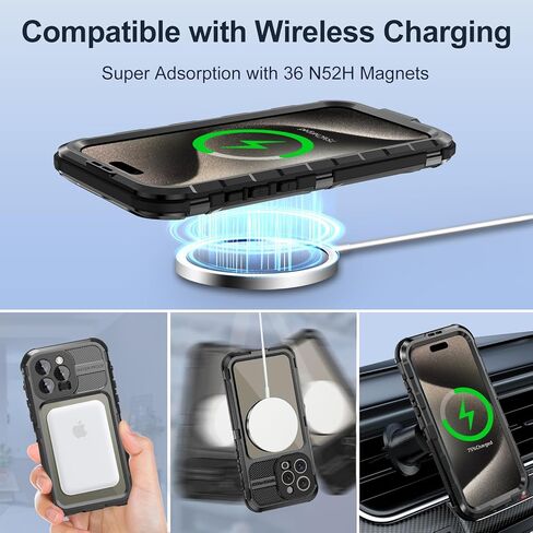 حافظة WIFORT لهاتف iPhone 15 Pro Max مقاومة للماء - حافظة هاتف معدنية مقاومة للصدمات وواقي شاشة مدمج [IP68 مقاوم للماء] [درجة عسكرية 14FT]، غطاء حماية من السقوط لكامل الجسم شديد التحمل، 6.7 بوصة أسود in Kuwait