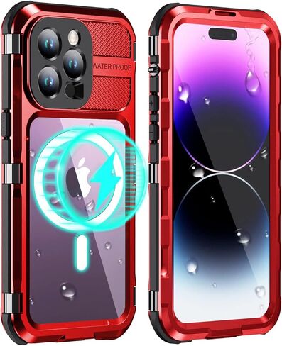 حافظة WIFORT لهاتف iPhone 15 Pro Max مقاومة للماء - حافظة هاتف معدنية مقاومة للصدمات وواقي شاشة مدمج [IP68 مقاوم للماء] [درجة عسكرية 14FT]، غطاء حماية من السقوط لكامل الجسم شديد التحمل، 6.7 بوصة أسود in Kuwait