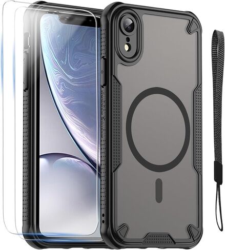 حافظة لهاتف iPhone XR مع حافظة واقية مغناطيسية نحيفة مقاومة للصدمات من Magsafe، ظهر شفاف غير لامع مع حزام حبل وغطاء هاتف واقي شاشة من الزجاج المقوى 2 * 9H مقاس 6.1 بوصة - أسود in Saudi Arabia