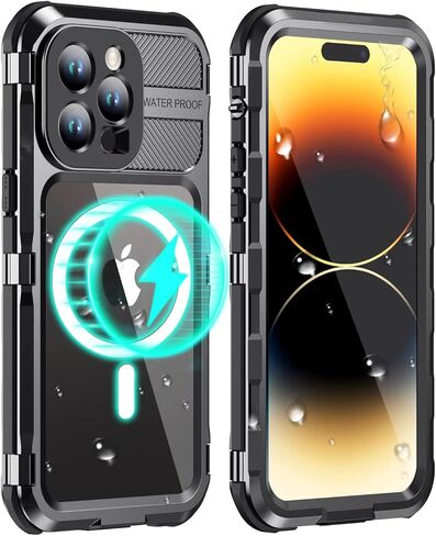 حافظة WIFORT لهاتف iPhone 15 Pro Max مقاومة للماء - حافظة هاتف معدنية مقاومة للصدمات وواقي شاشة مدمج [IP68 مقاوم للماء] [درجة عسكرية 14FT]، غطاء حماية من السقوط لكامل الجسم شديد التحمل، 6.7 بوصة أسود in Kuwait