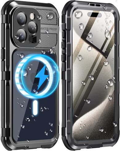 حافظة WIFORT لهاتف iPhone 15 Pro Max مقاومة للماء - حافظة هاتف معدنية مقاومة للصدمات وواقي شاشة مدمج [IP68 مقاوم للماء] [درجة عسكرية 14FT]، غطاء حماية من السقوط لكامل الجسم شديد التحمل، 6.7 بوصة أسود in Kuwait