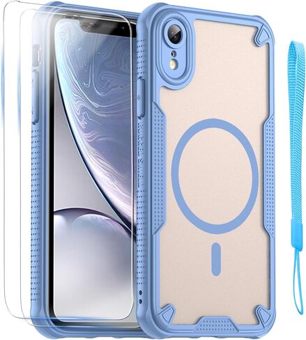 حافظة لهاتف iPhone XR مع حافظة واقية مغناطيسية نحيفة مقاومة للصدمات من Magsafe، ظهر شفاف غير لامع مع حزام حبل وغطاء هاتف واقي شاشة من الزجاج المقوى 2 * 9H مقاس 6.1 بوصة - أسود in Saudi Arabia
