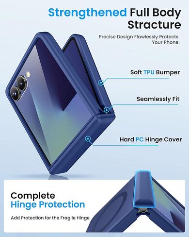 حافظة لهاتف سامسونج جالاكسي Z Flip 7 مغناطيسية مع حماية مفصلية، متوافقة مع MagSafe، واقي شاشة أمامي، حافظة هاتف واقية كاملة للرجال والنساء شفافة لهاتف Galaxy Z Flip7، أزرق in Kuwait