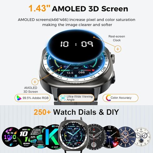 ساعة ذكية 2026، ساعة ذكية AMOLED مقاس 1.43 بوصة للرجال والنساء، مكالمة بلوتوث 5.4، مصباح يدوي/130+ رياضة/60 يومًا، مراقب معدل ضربات القلب/النوم، IP68 مقاومة للماء ومتتبع أنشطة اللياقة البدنية in Kuwait