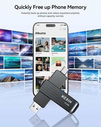 محرك أقراص فلاش KEXIN 512 جيجابايت USB C يصل إلى 1000 ميجابايت/ثانية محرك إبهام مزدوج 512 جيجا مع موصلات من النوع C وUSB-A USB 3.2 Gen 2 USB عصا ذاكرة دوارة لهاتف iPhone 15/16/17 والهاتف الذكي والكمبيوتر اللوحي والكمبيوتر المحمول in Kuwait