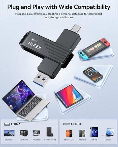 محرك أقراص فلاش KEXIN 512 جيجابايت USB C يصل إلى 1000 ميجابايت/ثانية محرك إبهام مزدوج 512 جيجا مع موصلات من النوع C وUSB-A USB 3.2 Gen 2 USB عصا ذاكرة دوارة لهاتف iPhone 15/16/17 والهاتف الذكي والكمبيوتر اللوحي والكمبيوتر المحمول in Kuwait