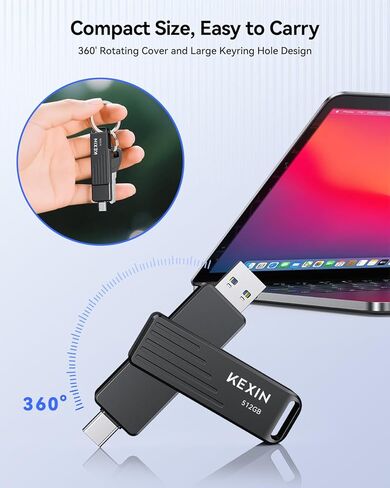 محرك أقراص فلاش KEXIN 512 جيجابايت USB C يصل إلى 1000 ميجابايت/ثانية محرك إبهام مزدوج 512 جيجا مع موصلات من النوع C وUSB-A USB 3.2 Gen 2 USB عصا ذاكرة دوارة لهاتف iPhone 15/16/17 والهاتف الذكي والكمبيوتر اللوحي والكمبيوتر المحمول in Kuwait