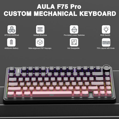 مجموعة لوحة مفاتيح وماوس لاسلكية من AULA، لوحات مفاتيح ميكانيكية F75 Pro، لوحة مفاتيح مخصصة قابلة للتبديل السريع بنسبة 75% + ماوس ألعاب لاسلكي SC580 باللون الأسود in Kuwait
