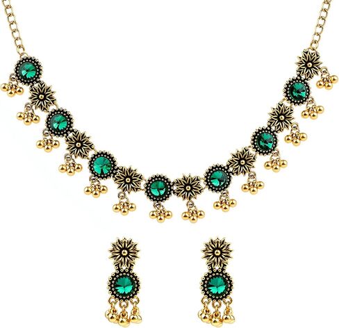 بوهو زهرة الكرة Jhumka المصوغات مجموعة مجموعات المجوهرات الهندية للنساء الذهب لهجة الهندي الأخضر حجر الراين كرات شرابة تتدلى الأقراط كوندان المختنق قلادة قلادة العرقية التقليدية حفل زفاف حفلة موسيقية عطلة in Kuwait