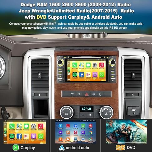 راديو السيارة ستيريو مع مشغل CD/DVD لسيارة Dodge RAM 1500 2500 3500 (2009-2012)، لسيارة Jeep Wrangle/Unlimited (2007-2015)، وحدة رأس 7 بوصة مع CarPlay وAndroid Auto، بلوتوث ونظام تحديد المواقع العالمي للملاحة in Kuwait