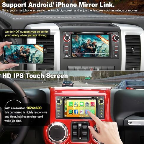 راديو السيارة ستيريو مع مشغل CD/DVD لسيارة Dodge RAM 1500 2500 3500 (2009-2012)، لسيارة Jeep Wrangle/Unlimited (2007-2015)، وحدة رأس 7 بوصة مع CarPlay وAndroid Auto، بلوتوث ونظام تحديد المواقع العالمي للملاحة in Kuwait