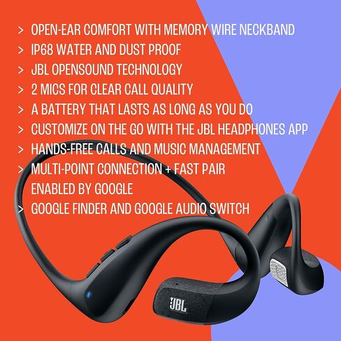 JBL Endurance Pace - Open-Ear Sport Headphones with Memory Wire Neckband, Water & dust Proof (IP68), 2 beamforming mics, up to 10 Hours of Music, Hands-Free Calls and Music Management (Black/Grey) in Saudi Arabia