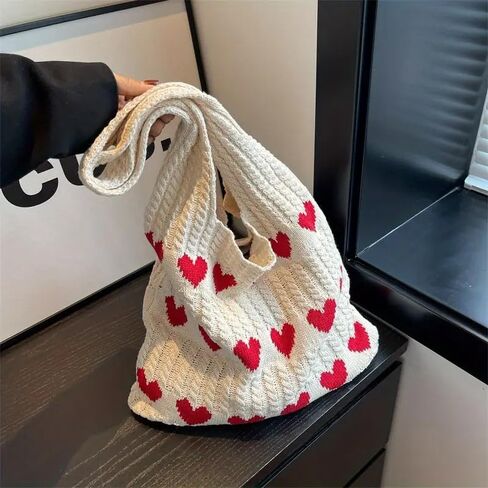 Casual Shoulder Bag for Women, Large Capacity Knitted Tote Bag with Heart Design, Perfect for Everyday Use, Tote Bag in Saudi Arabia