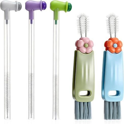 Straw Cleaner Brush Set: 3 Pcs Reusable Pea Long Straw Pipe Cleaner Brushes and 2 Pcs Cup Lid Cleaning Brush for Water Bottles and Tumblers in Saudi Arabia