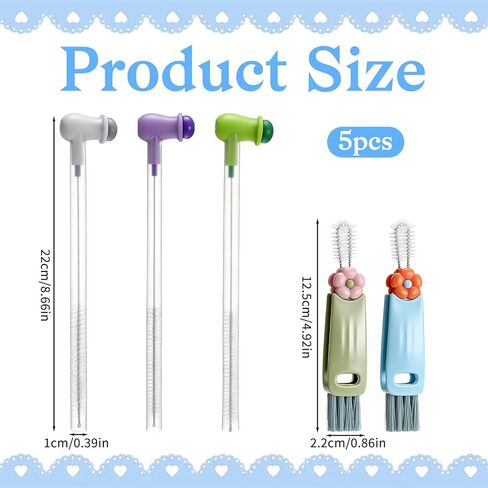 Straw Cleaner Brush Set: 3 Pcs Reusable Pea Long Straw Pipe Cleaner Brushes and 2 Pcs Cup Lid Cleaning Brush for Water Bottles and Tumblers in Saudi Arabia