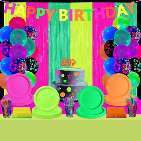 Glow in the Dark Party Supplies, Including Colorful Plates Napkins Tablecloth Banner and Dinnerware for Let's Glow Neon Party Decorations, Serves 20 in Saudi Arabia