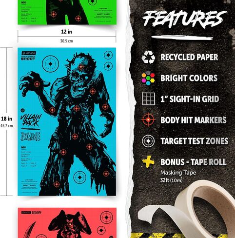 أهداف إطلاق النار الشريرة من MASANI - 12 حزمة من الأهداف الورقية - 2X كل وحش - داخلي/خارجي، متعة نطاق الفناء الخلفي لجميع مسدسات BB والمسدسات والبندقية والقوس والنشاب والرماية والكريات وبنادق Airsoft - 12 × 18 بوصة in Kuwait