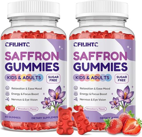 علكات الزعفران للأطفال والكبار، مكملات الزعفران 20 في 1 مع 88.5 ملجم من مستخلص الزعفران، ب6، ب12، ج، د3، مغنيسيوم للهدوء، التركيز، الأعصاب، خالي من السكر، نباتي، غير معدل وراثيًا - نكهة الفراولة، 60 قطعة in Kuwait
