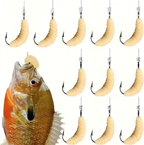 12Pcs Rubber Maggots Fishing Bait, Fishing Maggot, Bulk Fishing Grubs for Trout, Crappie, Pan Fish, Bluegill, Fresh Water Fishing Lures Set(Hooks and Worms) in Saudi Arabia
