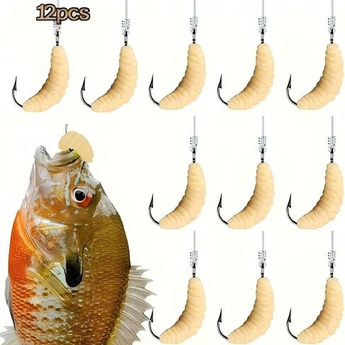 12Pcs Rubber Maggots Fishing Bait, Fishing Maggot, Bulk Fishing Grubs for Trout, Crappie, Pan Fish, Bluegill, Fresh Water Fishing Lures Set(Hooks and Worms) in Saudi Arabia