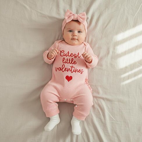 زي My First Valentine Baby Girl لحديثي الولادة على شكل قلب وأكمام طويلة بدلة رومبير لفصل الربيع ملابس للفتيات الرضع in Kuwait