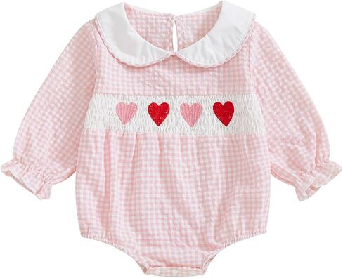 Baby Girl Valentines Day Outfit Bubble Romper Short Sleeve Newborn Toddler Heart Smocked Onesie Vintage Clothes in Saudi Arabia