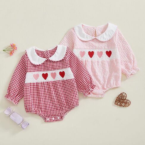 Baby Girl Valentines Day Outfit Bubble Romper Short Sleeve Newborn Toddler Heart Smocked Onesie Vintage Clothes in Saudi Arabia