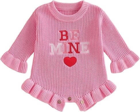 Newborn Infant Baby Girl Valentines Day Outfit Embroidery Knit Sweater Romper Long Sleeve Ruffle Bodysuit Jumpsuit in Saudi Arabia